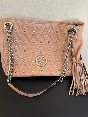 Mario Valentino Studded Quilted Shoulder Bag Nude Pink Chain Tassel